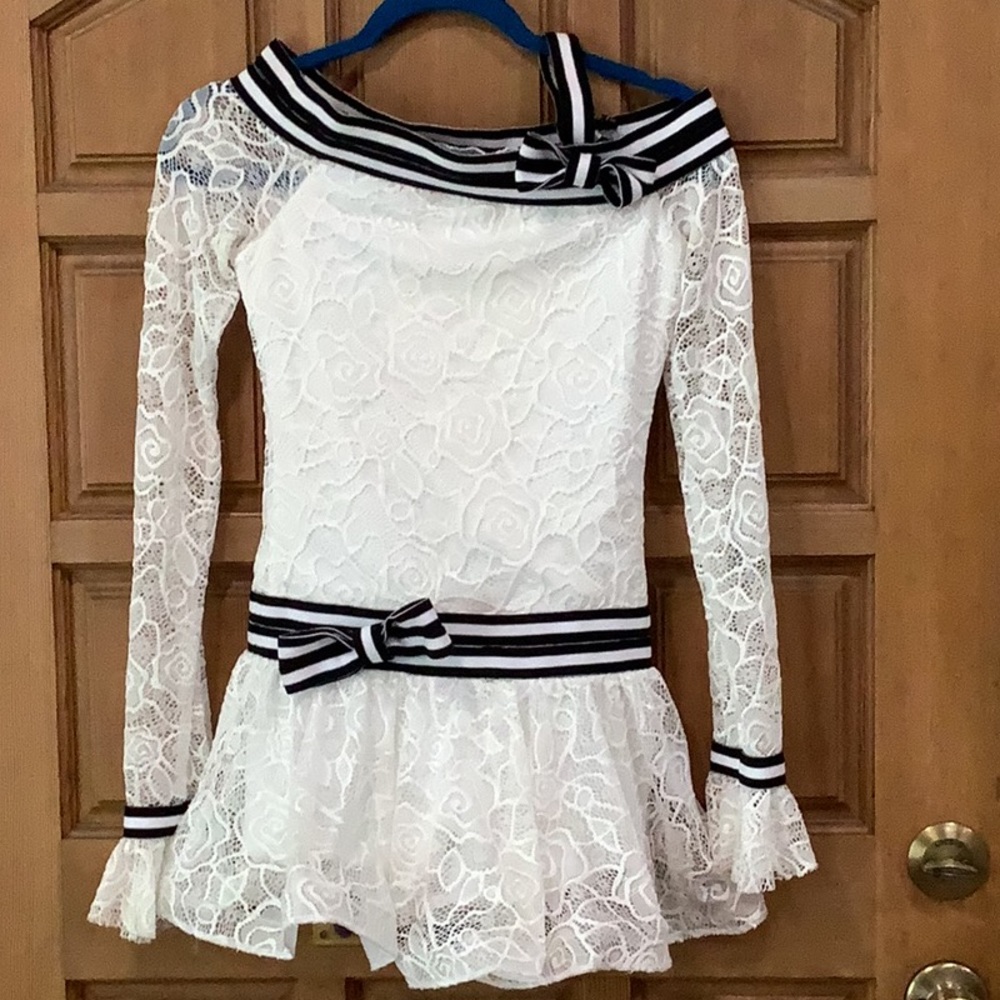 Weissman White Lace Dress with Black Stripes